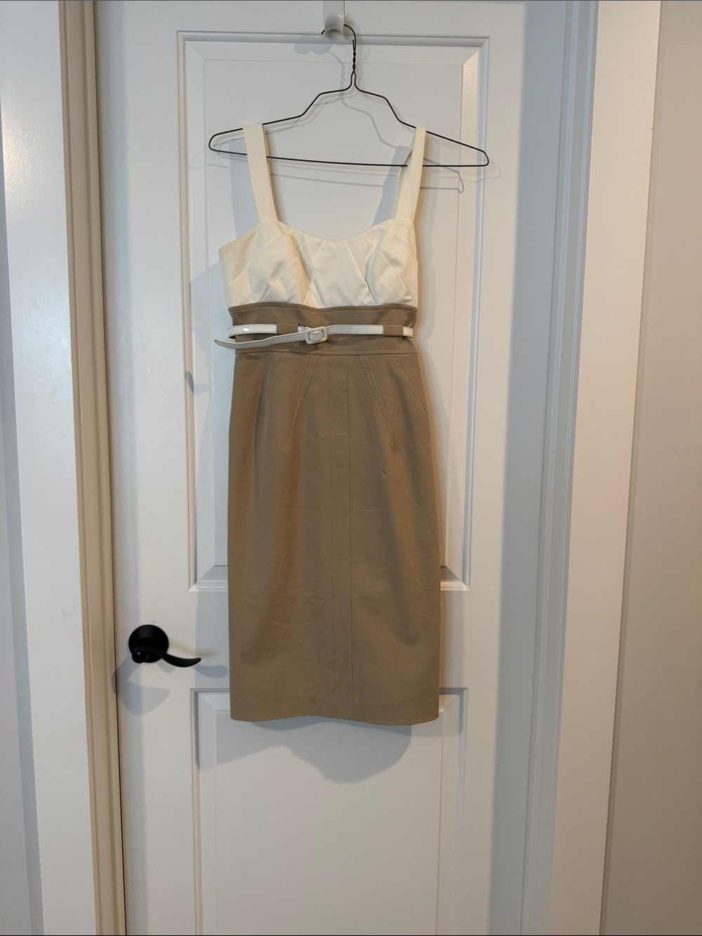 Tahari Cream and Tan Midi Dress with Belt